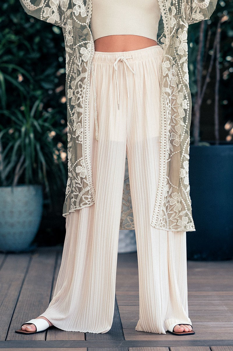 Pleated Wide-Leg Drawstring Waist Pants in Taupe - Women's Wholesale Casual Pants | Trend Notes