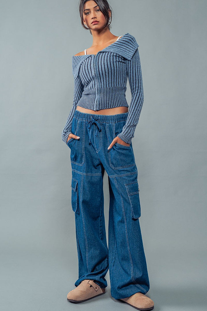 MAISIE ELASTIC DRAWSTRING PANTS in Indigo - Women's Wholesale Casual Pants | Trend Notes