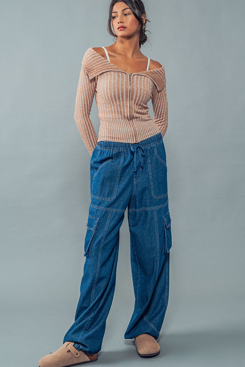 MAISIE ELASTIC DRAWSTRING PANTS in Indigo - Women's Wholesale Casual Pants | Trend Notes