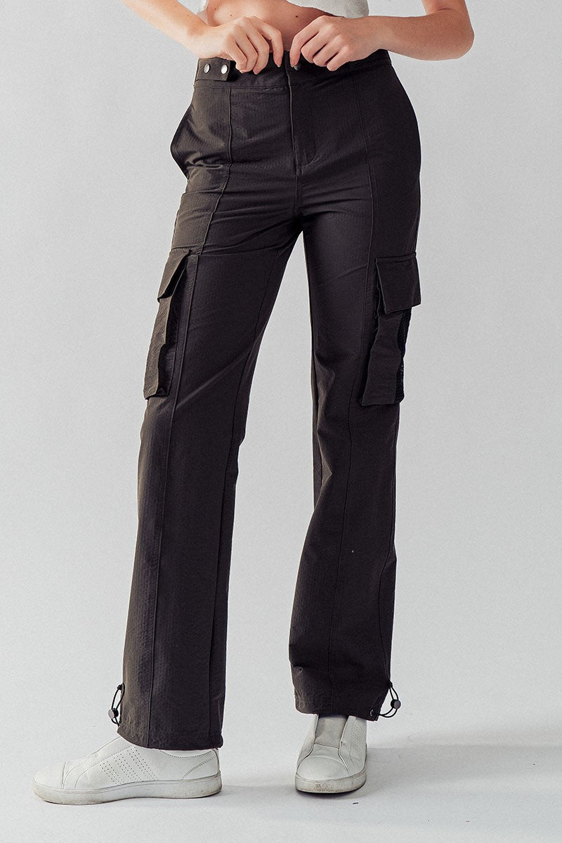 High Waist Utility Cargo Pants w/Adjustable Waist in Black Olive - Women's Wholesale Casual Pants | Trend Notes