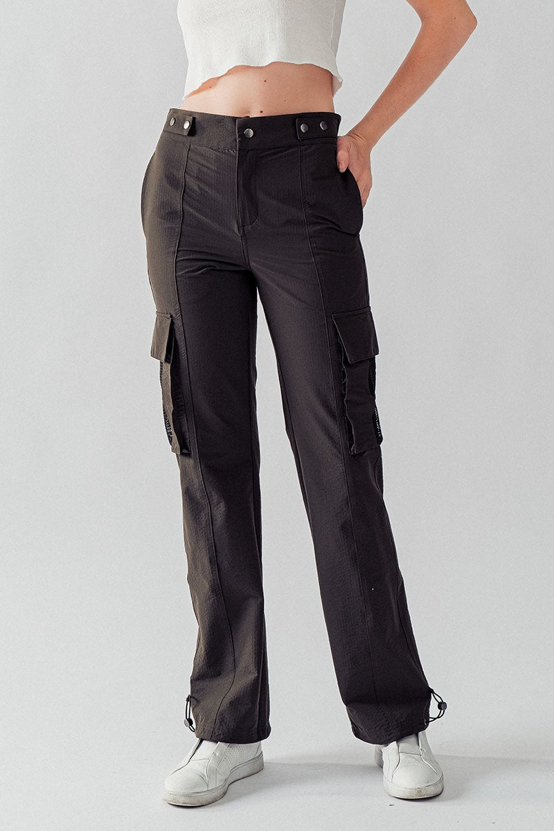 High Waist Utility Cargo Pants w/Adjustable Waist in Black Olive - Women's Wholesale Casual Pants | Trend Notes