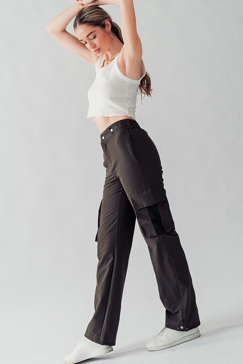 High Waist Utility Cargo Pants w/Adjustable Waist in Black Olive - Women's Wholesale Casual Pants | Trend Notes