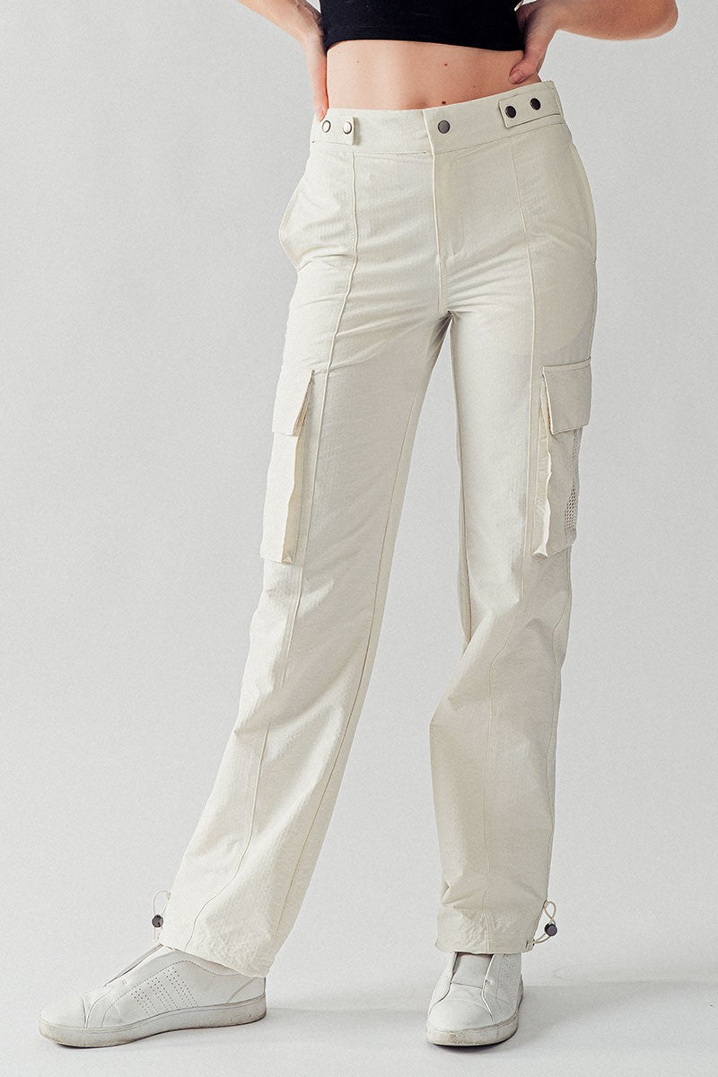 High Waist Utility Cargo Pants w/Adjustable Waist in Natural - Women's Wholesale Casual Pants | Trend Notes