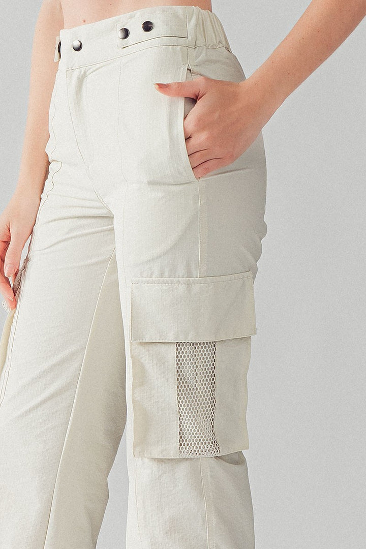 High Waist Utility Cargo Pants w/Adjustable Waist in Natural - Women's Wholesale Casual Pants | Trend Notes