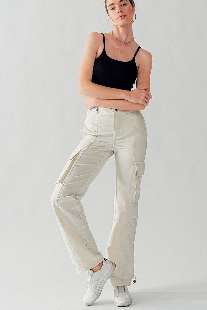 High Waist Utility Cargo Pants w/Adjustable Waist in Natural - Women's Wholesale Casual Pants | Trend Notes