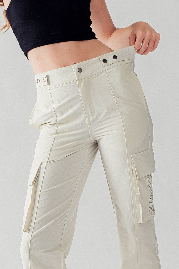 High Waist Utility Cargo Pants w/Adjustable Waist in Natural - Women's Wholesale Casual Pants | Trend Notes