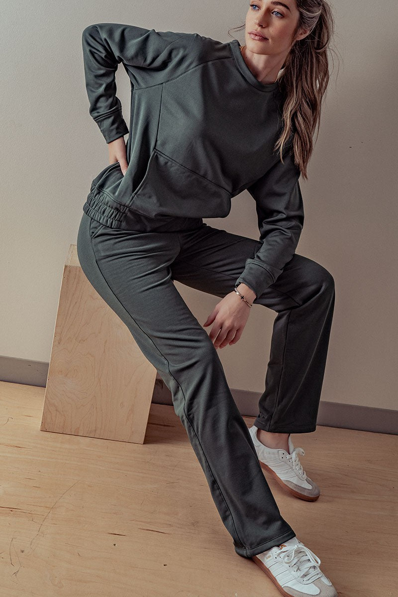 Relaxed Fit Elastic Waist Straight Leg Pants in Deep Forest - Women's Wholesale Casual Pants | Trend Notes