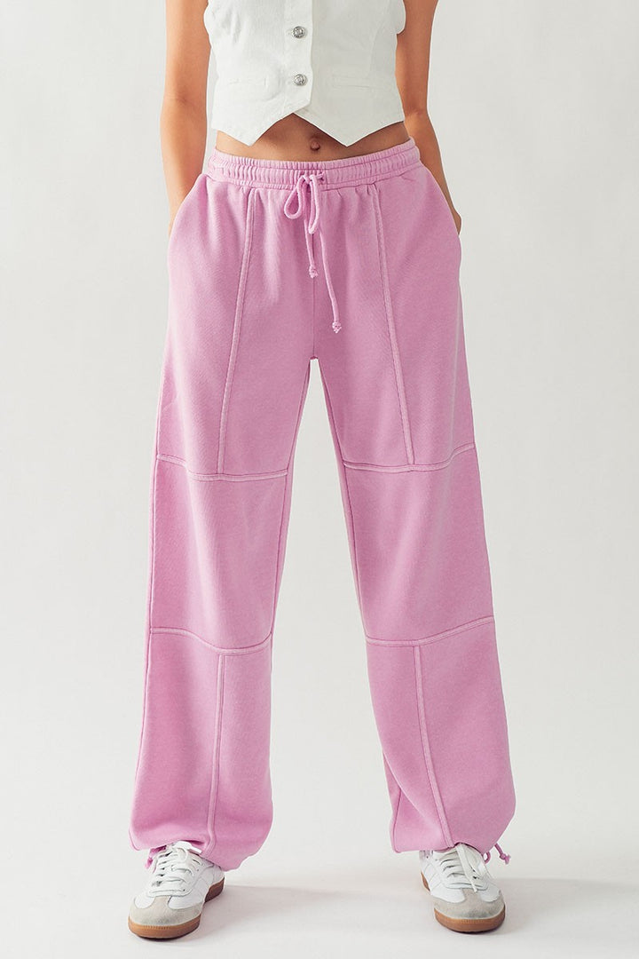 Relaxed Mineral Washed Joggers with Exposed Seams in Pink - Women's Wholesale Sweatpants & Joggers | Trend Notes