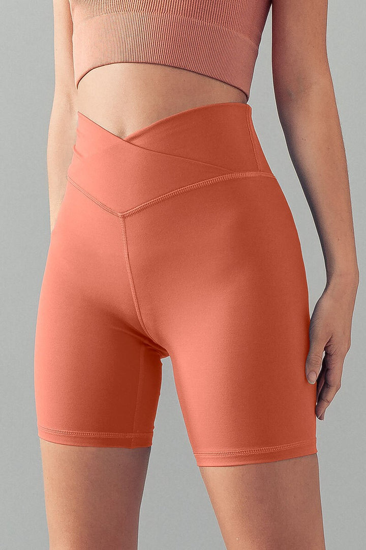 High Waist Crossover Biker Shorts with Stretch in Winter Coral - Women's Wholesale Active Shorts | Trend Notes
