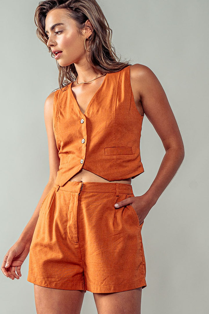 Suave City Linen Shorts - Hidden Closure in Rust - Women's Wholesale Casual Shorts | Trend Notes