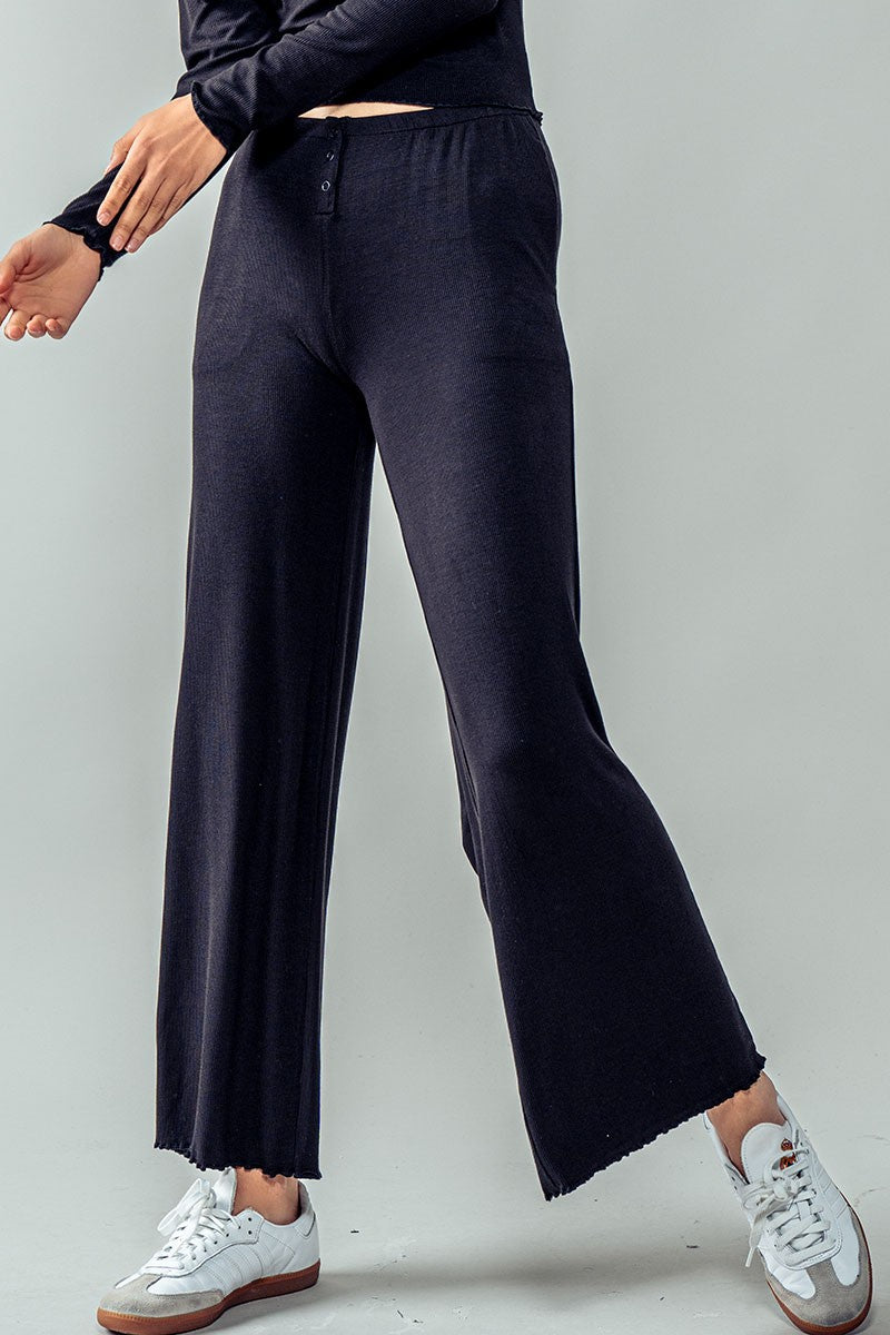 Soft Ribbed Wide-Leg Lounge Button Pants in Black - Women's Wholesale Casual Pants | Trend Notes