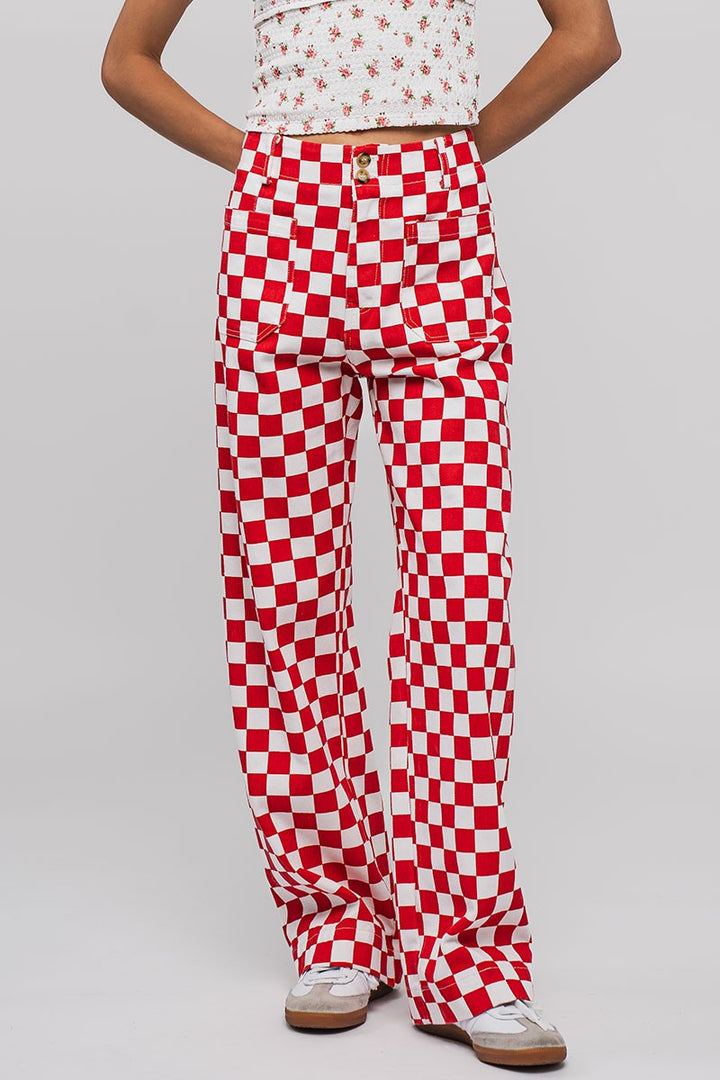 Checkerboard Denim Pants in Red - Women's Wholesale Casual Pants | Trend Notes