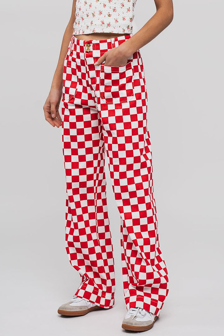 Checkerboard Denim Pants in Red - Women's Wholesale Casual Pants | Trend Notes