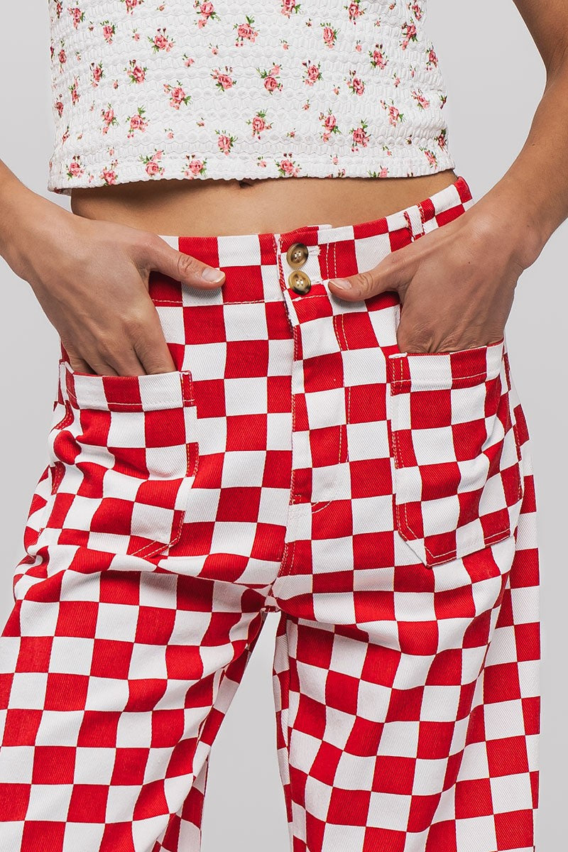 Checkerboard Denim Pants in Red - Women's Wholesale Casual Pants | Trend Notes