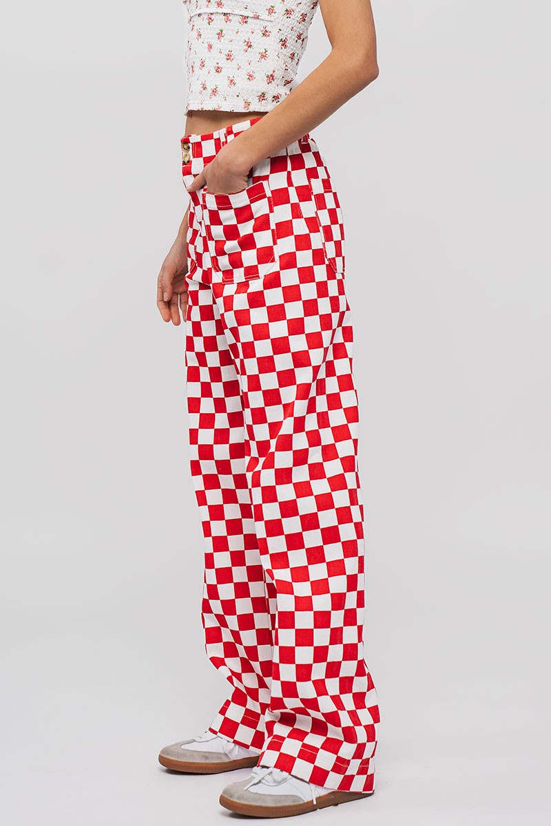 Checkerboard Denim Pants in Red - Women's Wholesale Casual Pants | Trend Notes