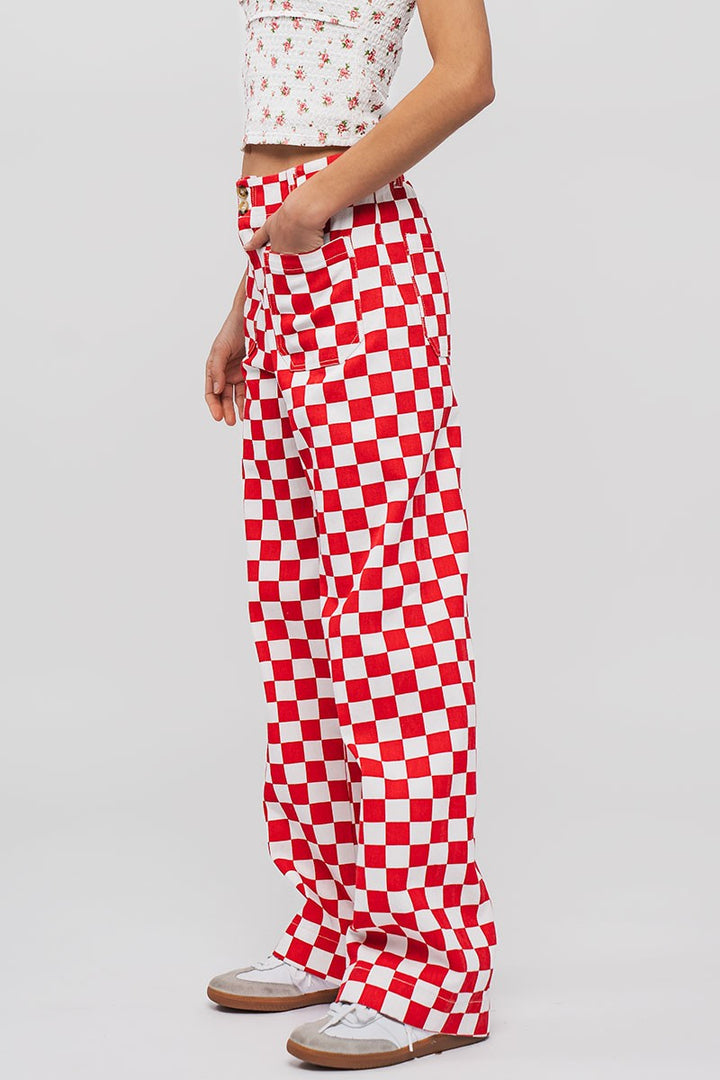 Checkerboard Denim Pants in Red - Women's Wholesale Casual Pants | Trend Notes