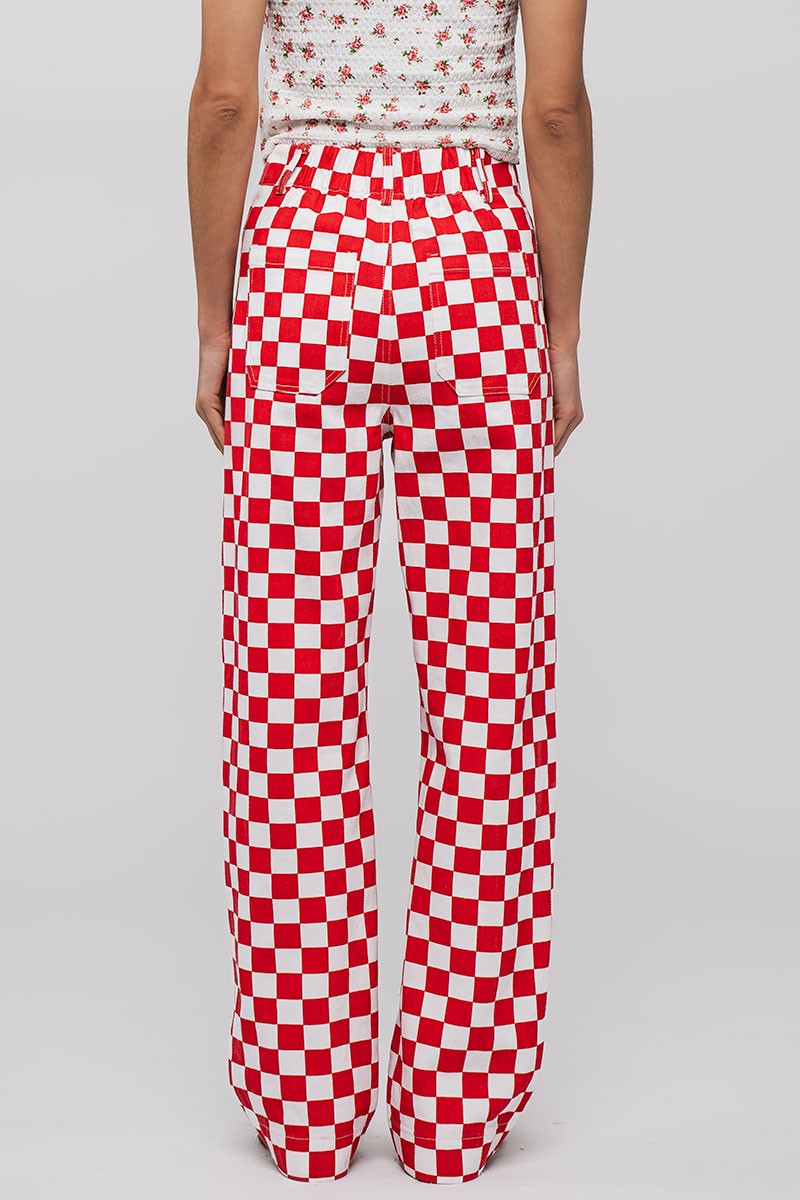 Checkerboard Denim Pants in Red - Women's Wholesale Casual Pants | Trend Notes