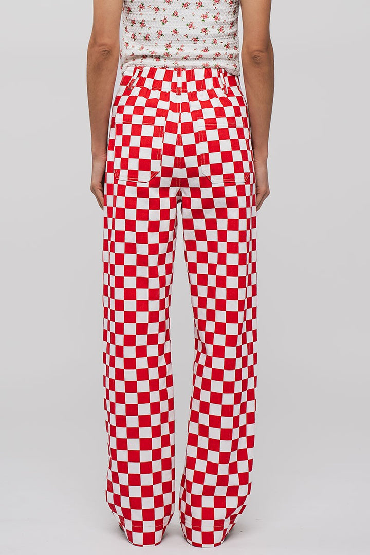 Checkerboard Denim Pants in Red - Women's Wholesale Casual Pants | Trend Notes