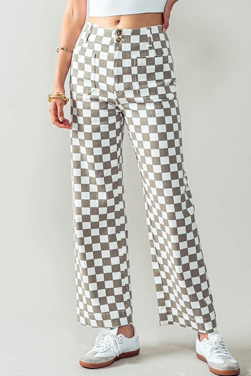 Checkerboard Denim Pants in Taupe - Women's Wholesale Casual Pants | Trend Notes