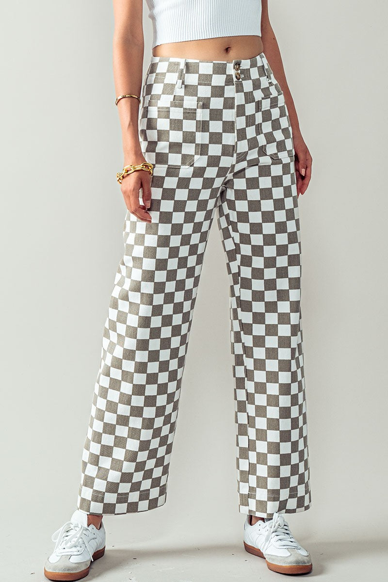 Checkerboard Denim Pants in Taupe - Women's Wholesale Casual Pants | Trend Notes