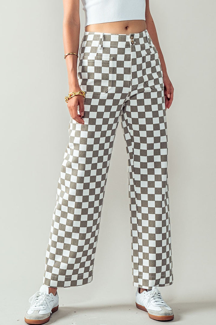 Checkerboard Denim Pants in Taupe - Women's Wholesale Casual Pants | Trend Notes