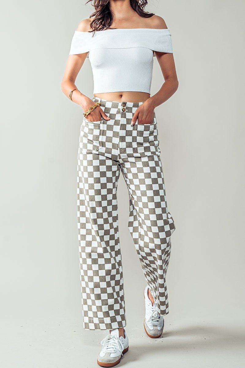 Checkerboard Denim Pants in Taupe - Women's Wholesale Casual Pants | Trend Notes
