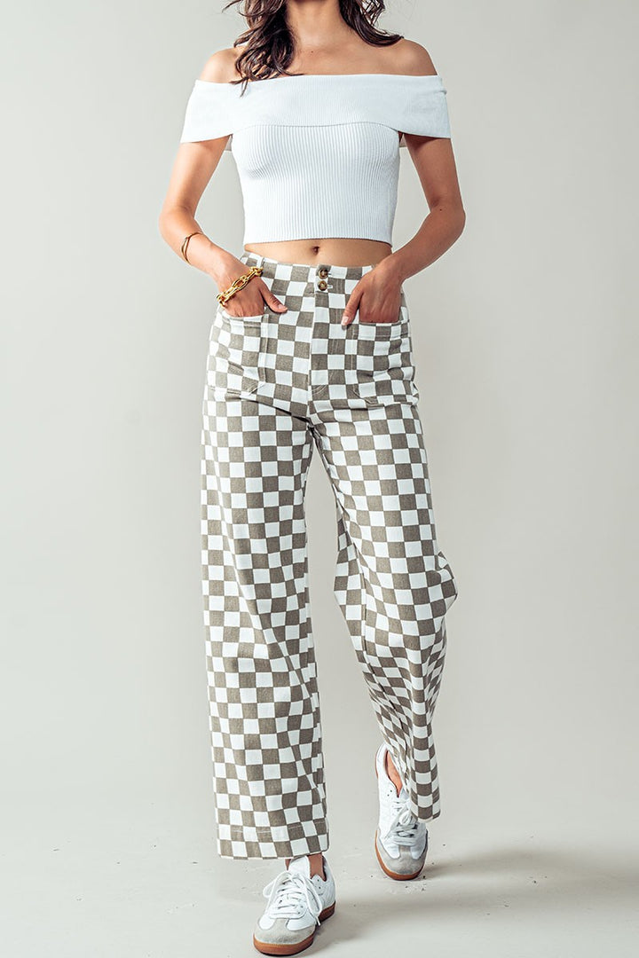 Checkerboard Denim Pants in Taupe - Women's Wholesale Casual Pants | Trend Notes