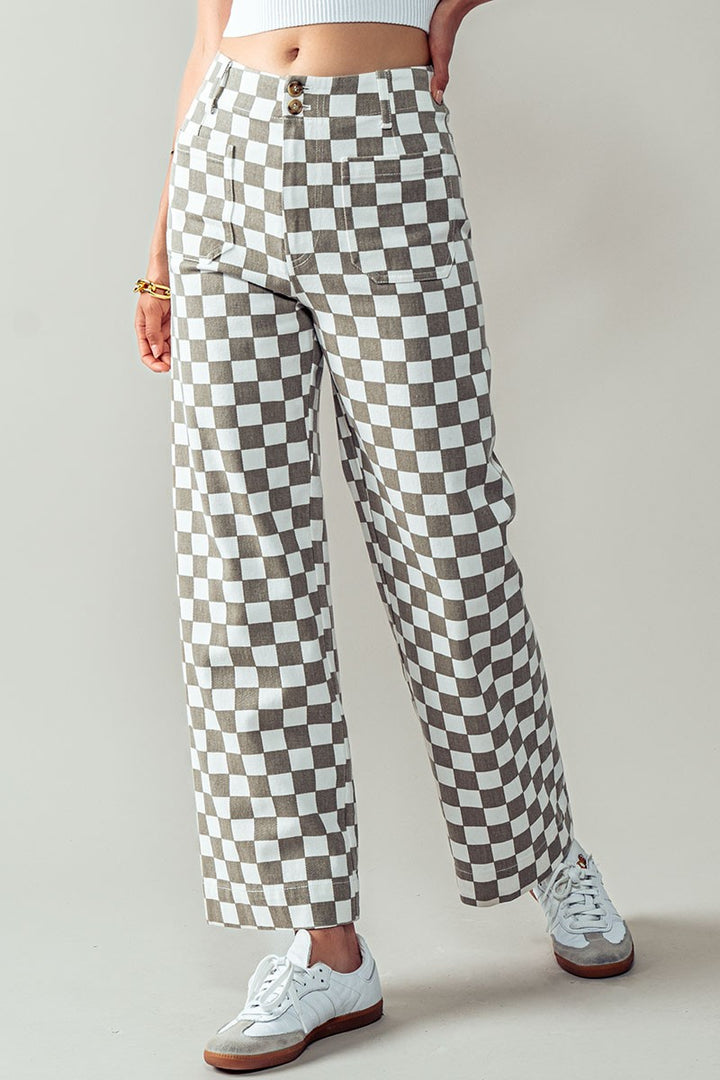 Checkerboard Denim Pants in Taupe - Women's Wholesale Casual Pants | Trend Notes