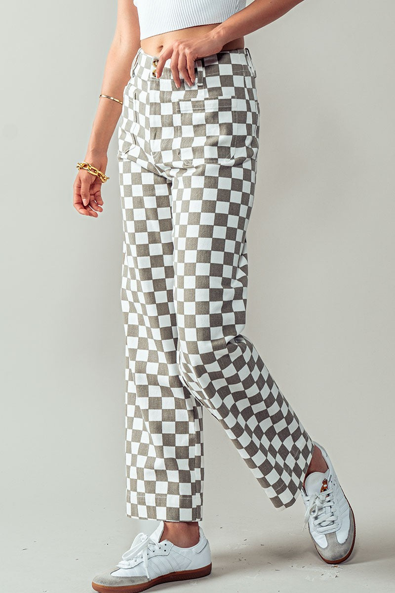 Checkerboard Denim Pants in Taupe - Women's Wholesale Casual Pants | Trend Notes