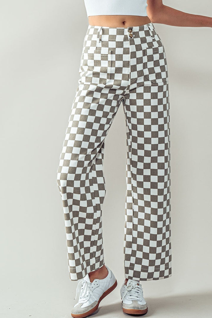 Checkerboard Denim Pants in Taupe - Women's Wholesale Casual Pants | Trend Notes