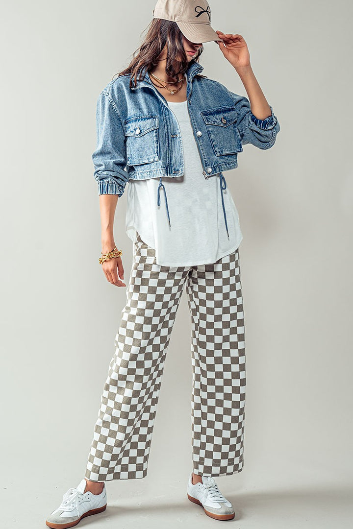 Checkerboard Denim Pants in Taupe - Women's Wholesale Casual Pants | Trend Notes