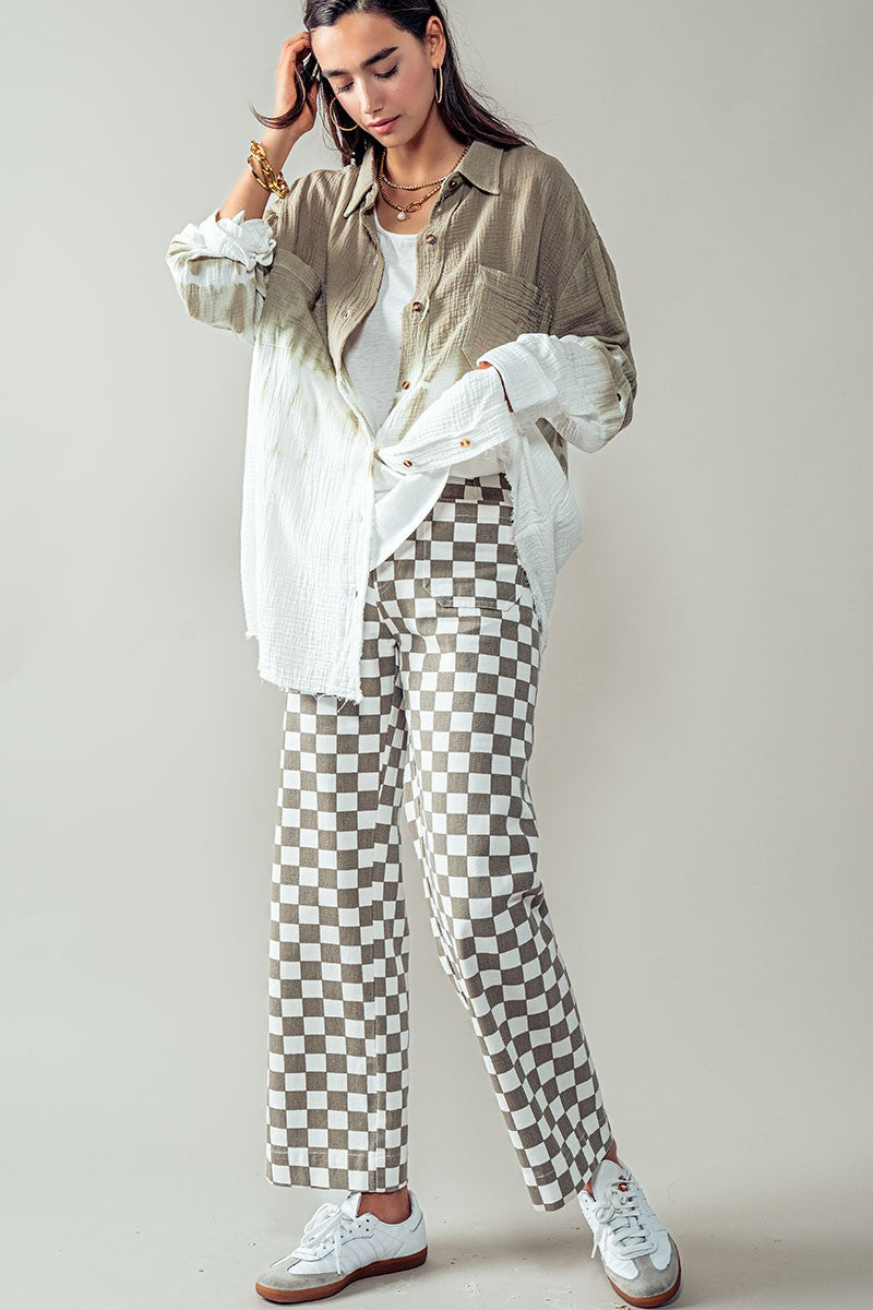 Checkerboard Denim Pants in Taupe - Women's Wholesale Casual Pants | Trend Notes
