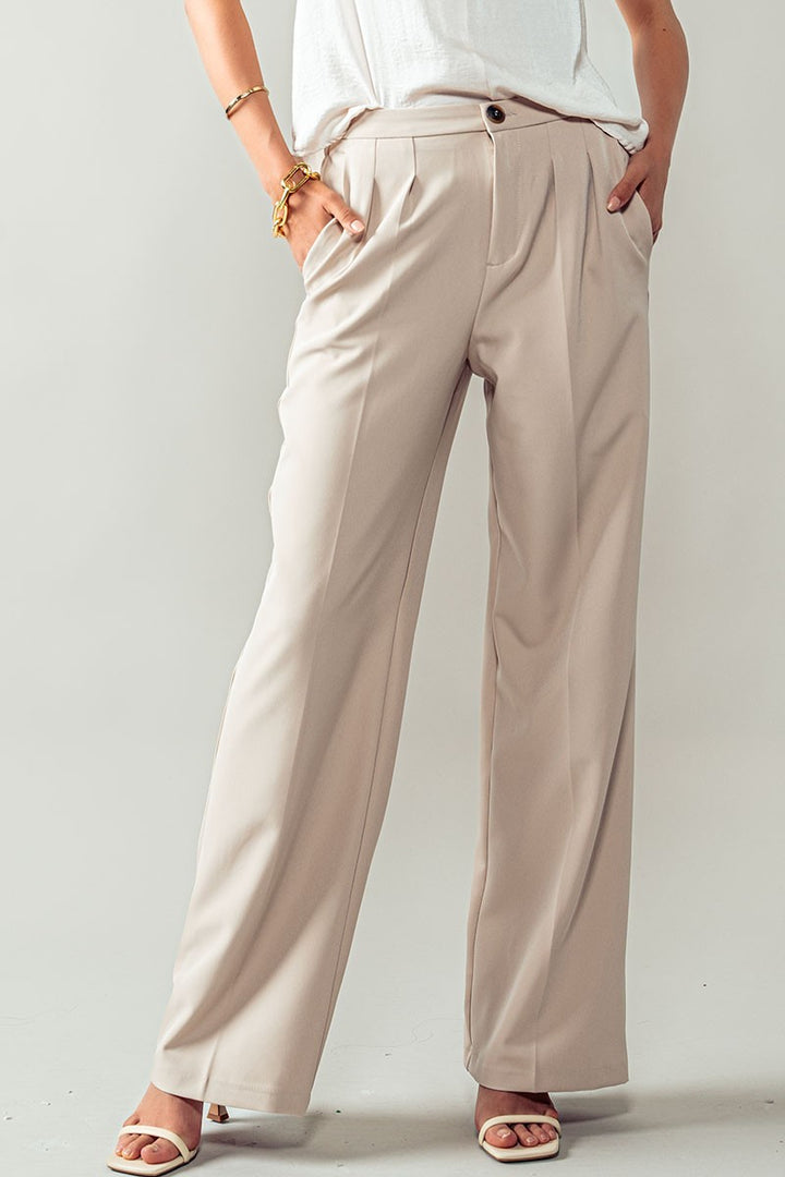 Straight Pleated Trousers in Beige - Women's Wholesale Casual Pants | Trend Notes