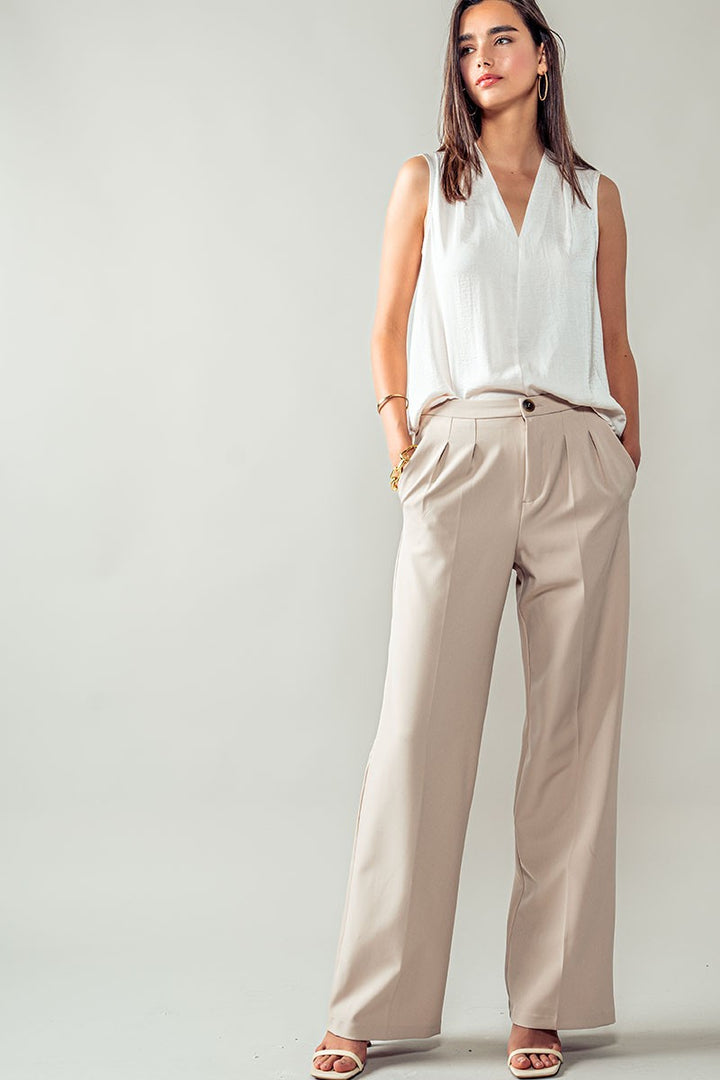 Straight Pleated Trousers in Beige - Women's Wholesale Casual Pants | Trend Notes