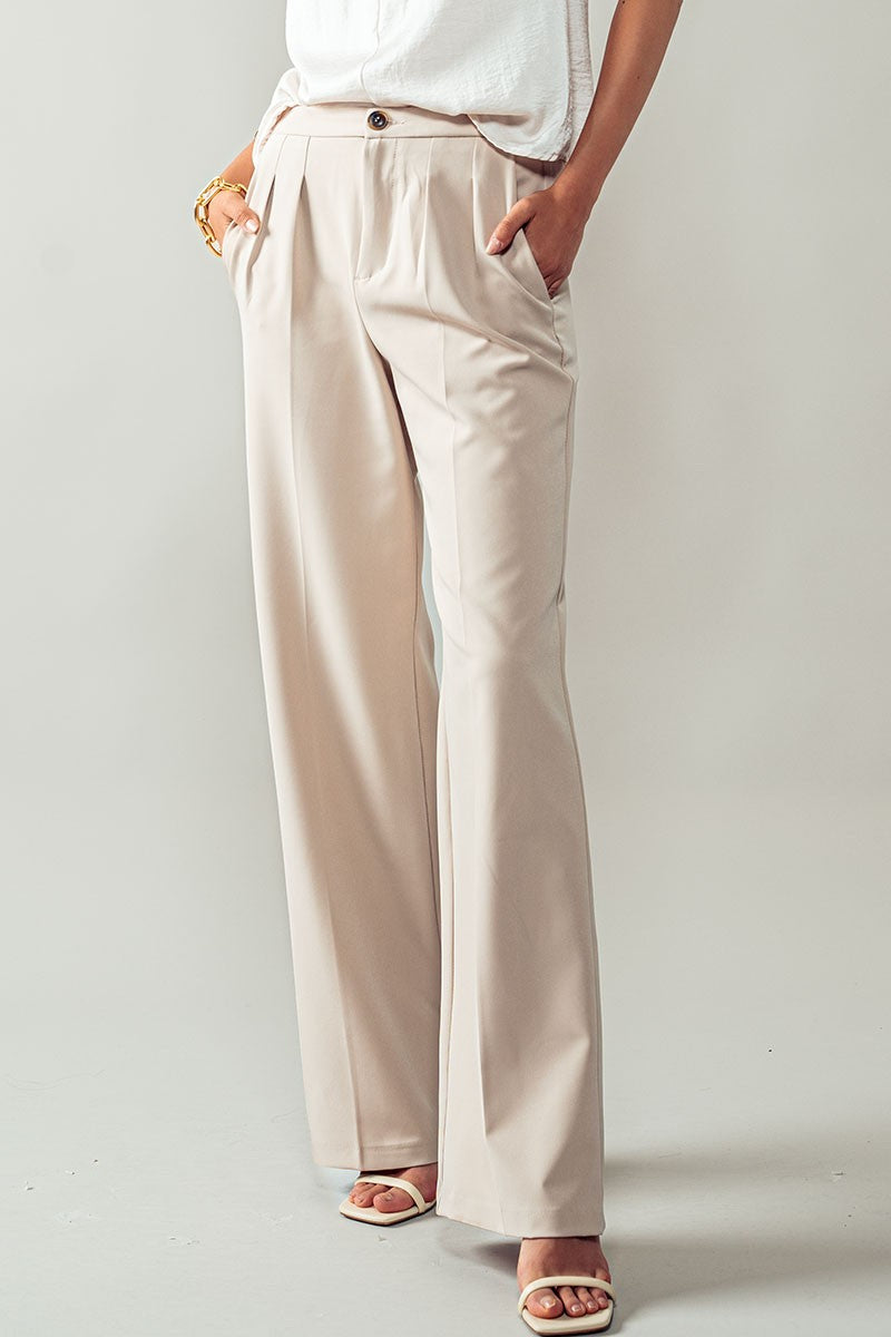 Straight Pleated Trousers in Beige - Women's Wholesale Casual Pants | Trend Notes