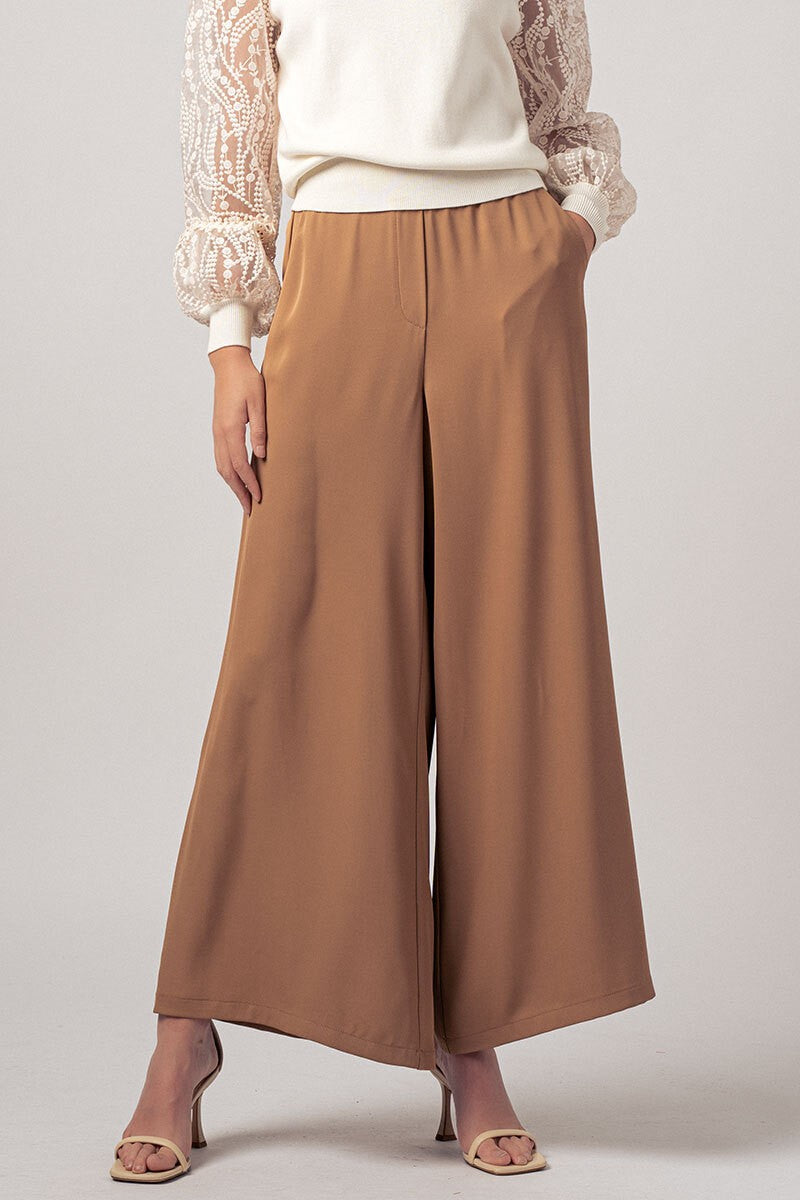 Shirred Waist Wide-Leg Flow Trousers in Taupe - Women's Wholesale Casual Pants | Trend Notes
