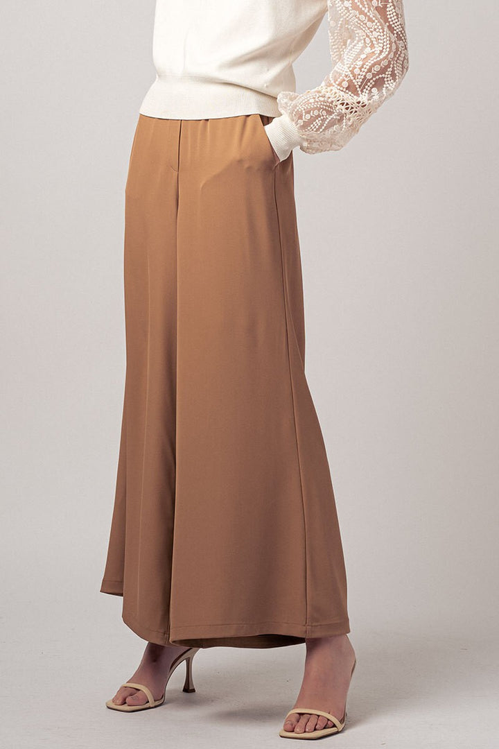 Shirred Waist Wide-Leg Flow Trousers in Taupe - Women's Wholesale Casual Pants | Trend Notes