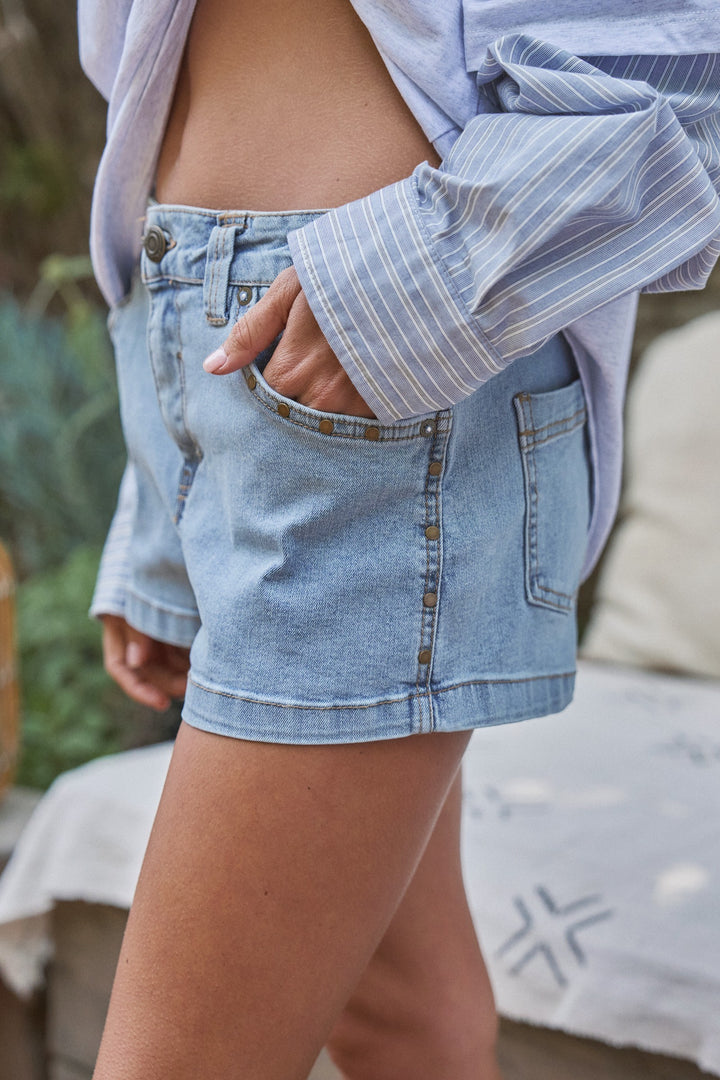 Downtown Studded Shorts in Lt Blue - Women's Wholesale Pants | Trend Notes