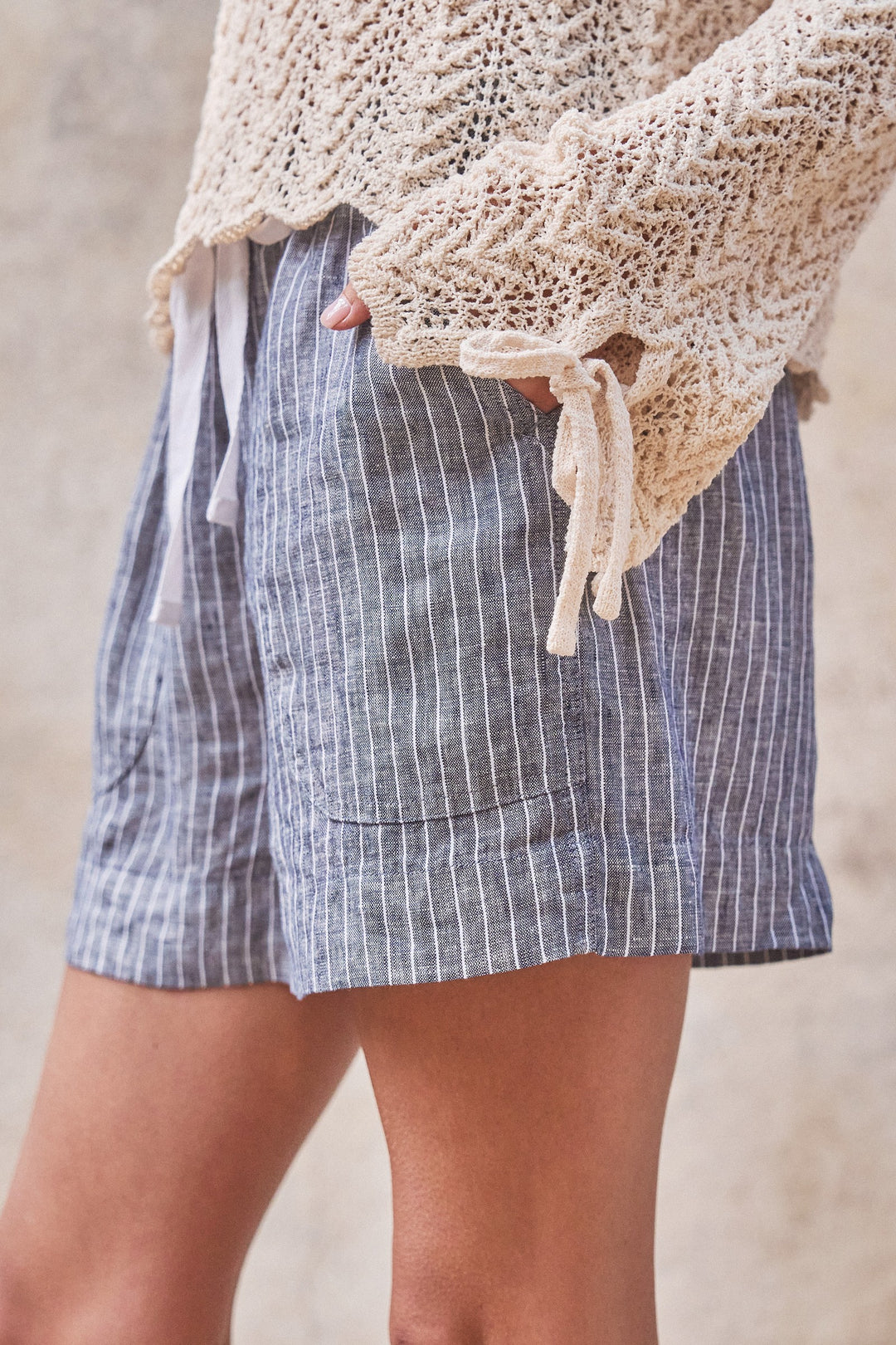 Coastal Ease Striped Linen Shorts in Navy Stripe - Women's Wholesale Pants | Trend Notes
