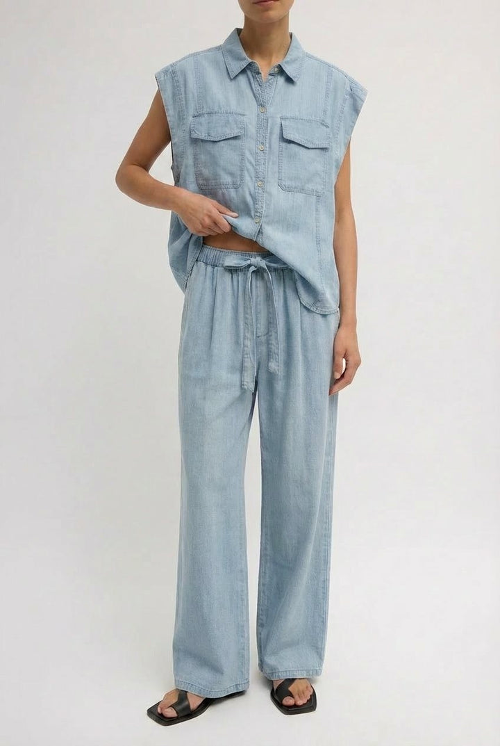 Wide-Leg Tencel Denim Pants with Drawstring in Lt Blue - Women's Wholesale Pants | Trend Notes