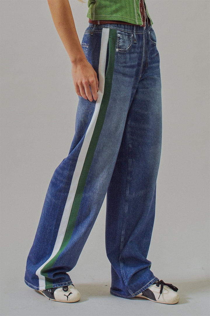 Wide Leg Faux Denim Print French Terry Track Pants with Side in Denim - Women's Wholesale Pants | Trend Notes