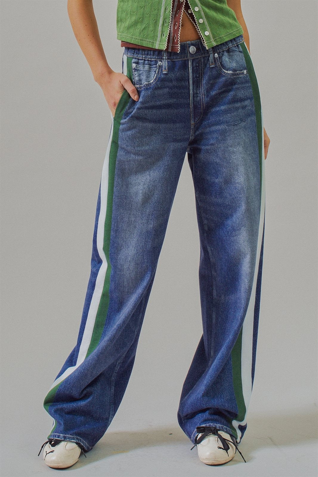 Wide Leg Faux Denim Print French Terry Track Pants with Side in Denim - Women's Wholesale Pants | Trend Notes