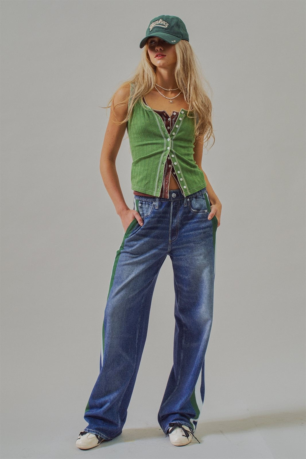 Wide Leg Faux Denim Print French Terry Track Pants with Side in Denim - Women's Wholesale Pants | Trend Notes
