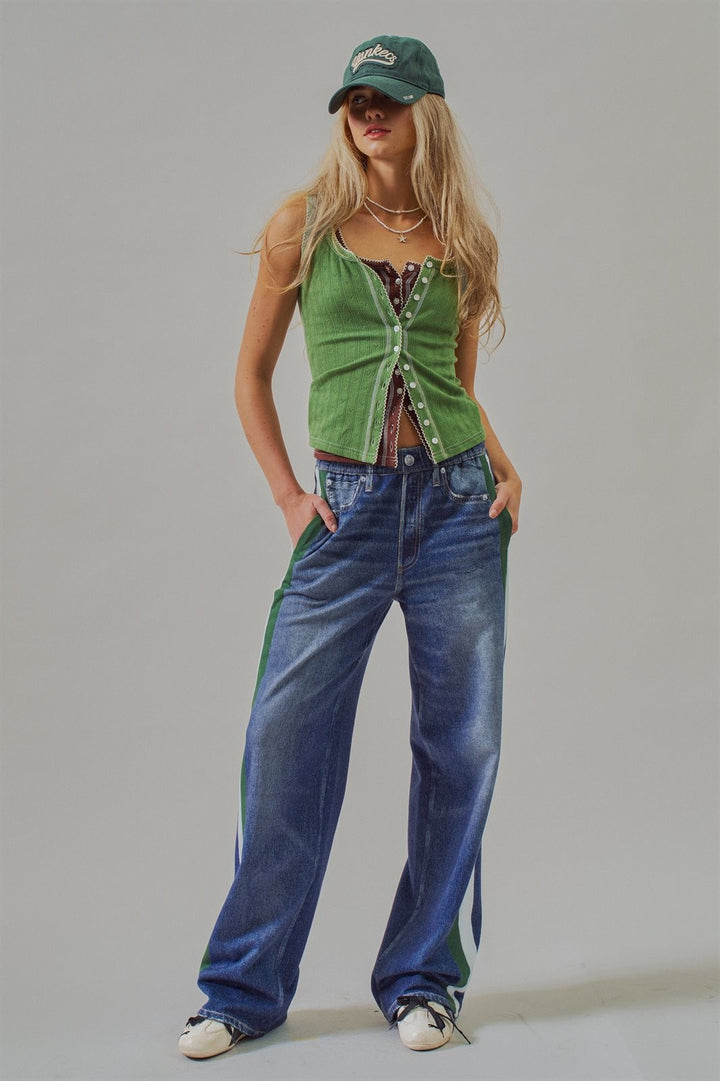 Wide Leg Faux Denim Print French Terry Track Pants with Side in Denim - Women's Wholesale Pants | Trend Notes