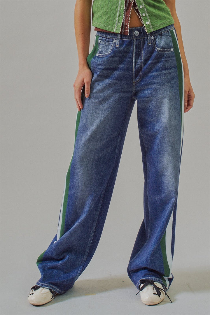 Wide Leg Faux Denim Print French Terry Track Pants with Side in Denim - Women's Wholesale Pants | Trend Notes