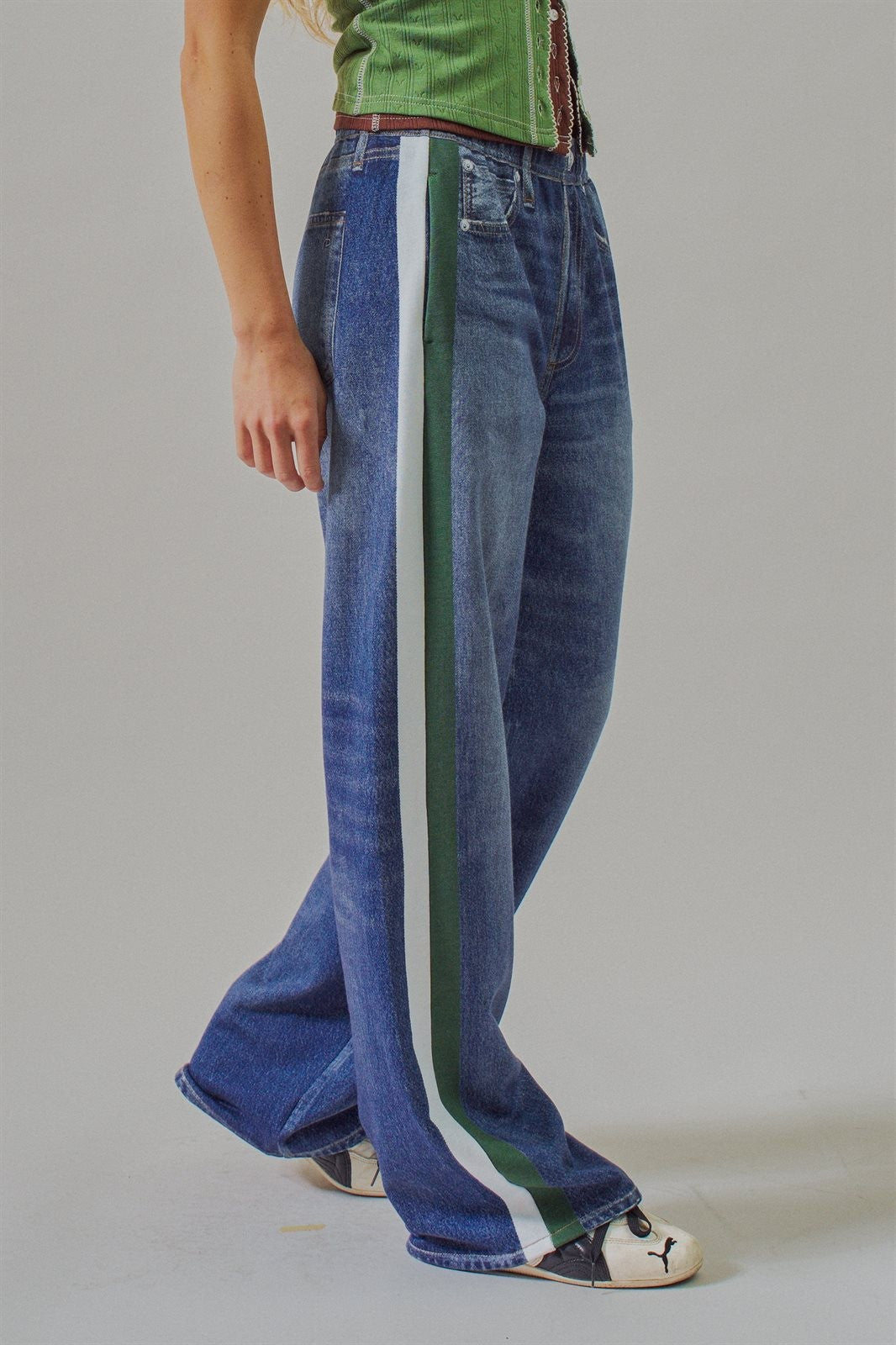 Wide Leg Faux Denim Print French Terry Track Pants with Side in Denim - Women's Wholesale Pants | Trend Notes