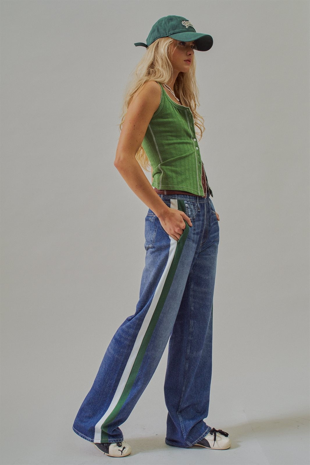 Wide Leg Faux Denim Print French Terry Track Pants with Side in Denim - Women's Wholesale Pants | Trend Notes