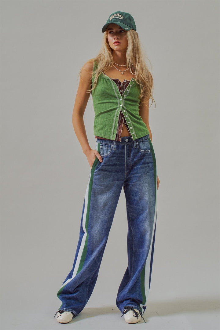 Wide Leg Faux Denim Print French Terry Track Pants with Side in Denim - Women's Wholesale Pants | Trend Notes