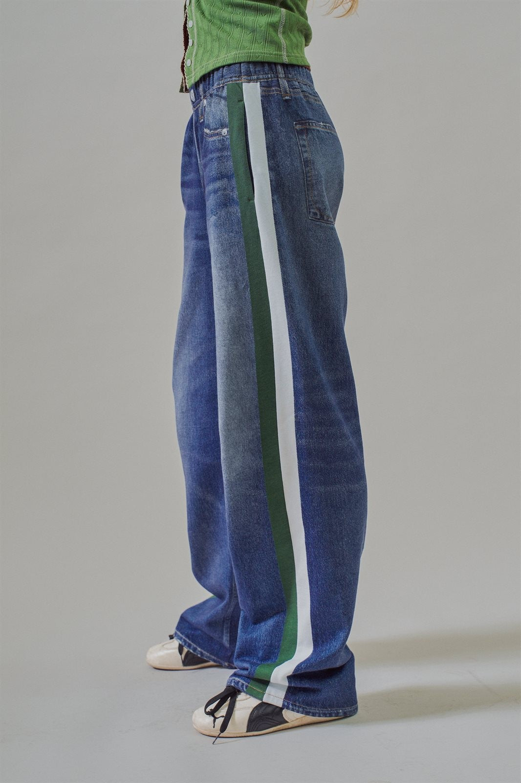 Wide Leg Faux Denim Print French Terry Track Pants with Side in Denim - Women's Wholesale Pants | Trend Notes