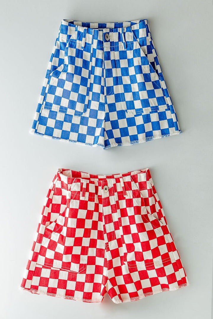 High-Rise Checkerboard Patterned Denim Shorts in Blue - Women's Wholesale Shorts | Trend Notes